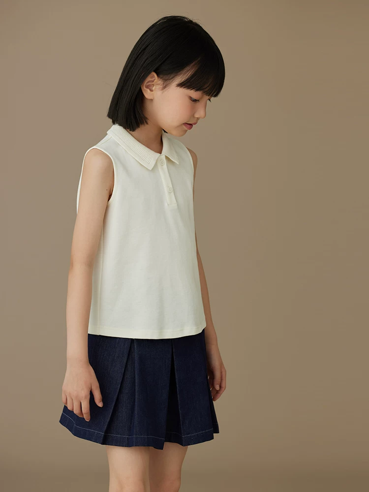 Quần áo trẻ em Hazi áo trẻ em màu mơ mùa hè mỏng giản dị đa năng áo sơ mi dệt kim polo áo vest không tay cho bé gái sành điệu