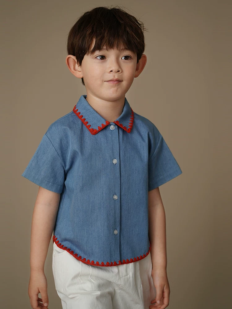 Áo sơ mi denim trẻ em Hazi 2025 kiểu retro, thời trang, dành cho bé trai và bé gái, tay ngắn, mùa hè