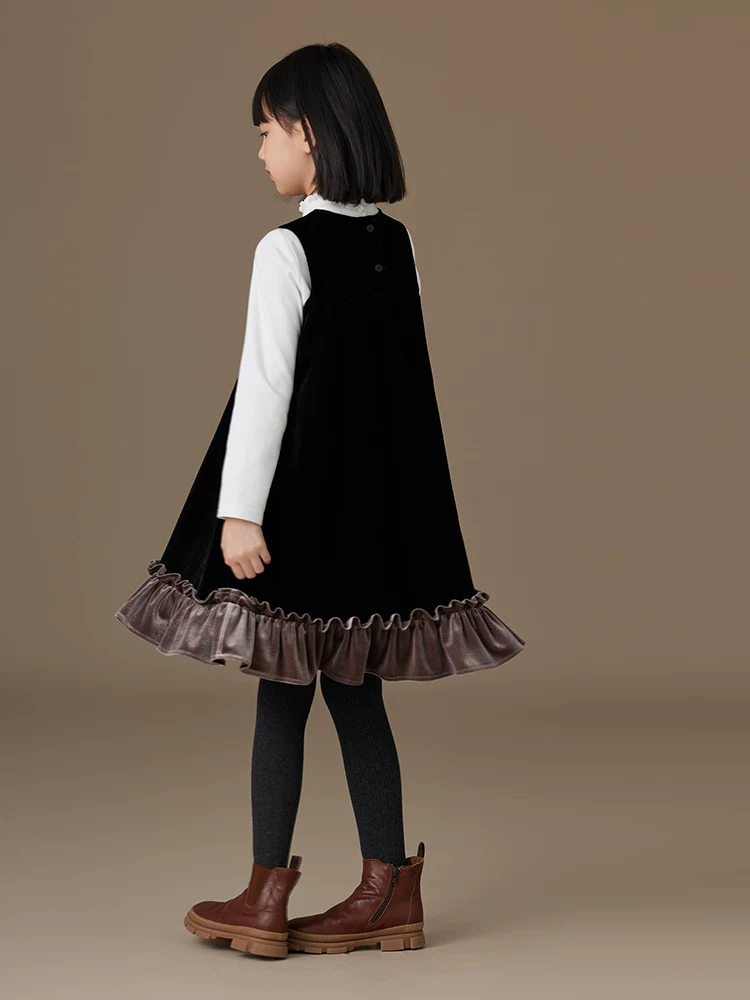Quần áo trẻ em mùa thu đông váy vest đen phong cách cổ điển thanh lịch trang phục biểu diễn cho bé gái váy nhung dành cho trẻ lớn