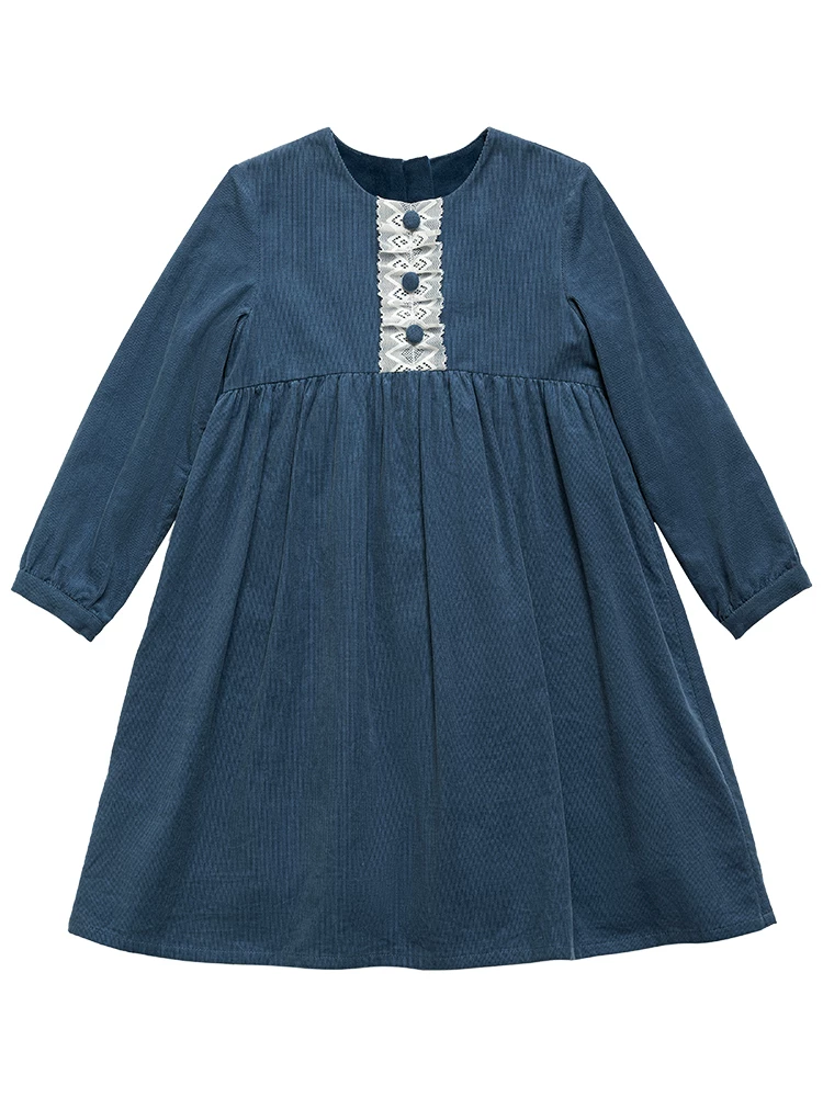 Quần áo trẻ em Ha Chi Váy dài tay kiểu Pháp thanh lịch dành cho trẻ em, Quần áo mùa đông bằng vải nhung cotton màu xanh hồ cao cấp dành cho bé gái.