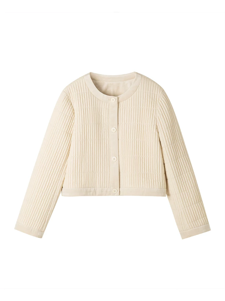 Quần áo trẻ em cho mùa thu đông, áo khoác độn bông, áo sọc đơn giản, áo khoác cotton màu mơ cho bé gái lớn hơn.