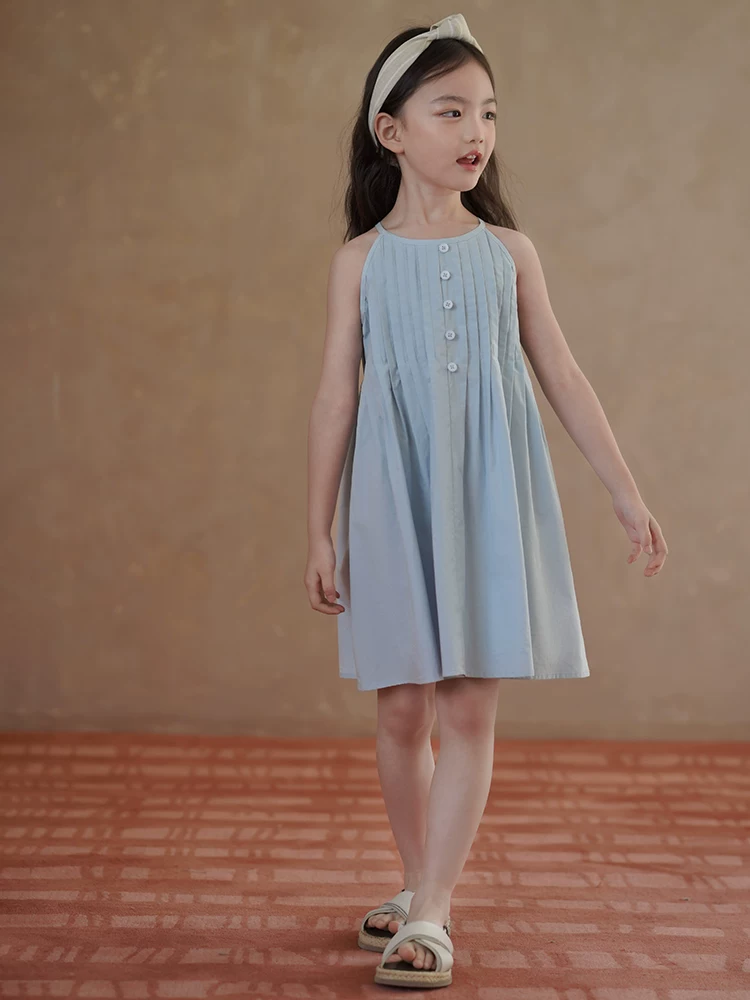 Quần áo trẻ em Hazi Váy trẻ em bằng cotton thân thiện với da Váy dây mỏng mùa hè Váy dài vừa phải cho bé gái Cảm giác đơn giản và cao cấp