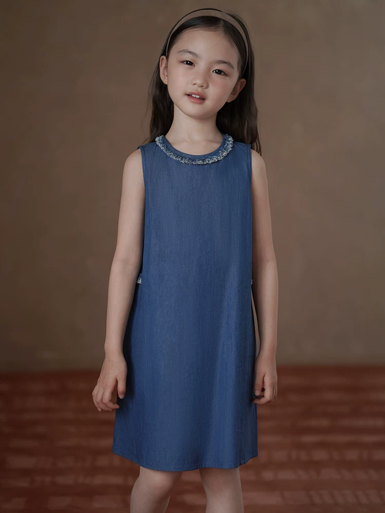 Quần áo trẻ em Hazi Váy trẻ em mùa hè Váy đơn giản phong cách Nhật Bản Váy denim cho bé gái Váy denim cổ điển Váy dài vừa phải cho bé gái