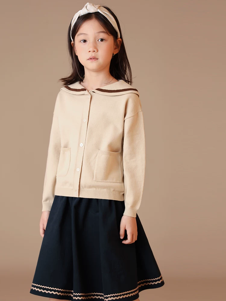 Áo khoác cardigan len cotton phối màu cổ thủy thủ phong cách preppy cho bé gái mùa xuân thu
