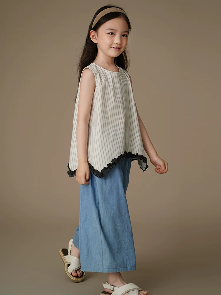 Quần áo trẻ em mỏng mùa hè phong cách Hàn Quốc áo sơ mi sọc rộng rãi áo vest bé gái cotton thân thiện với da mặc mùa hè