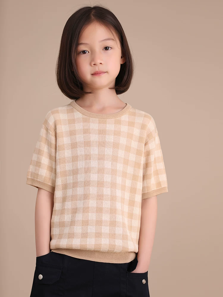 Áo dệt kim mùa hè ngắn tay kẻ sọc dành cho trẻ em, áo thun cổ tròn bằng cotton thân thiện với da dành cho bé trai và bé gái.