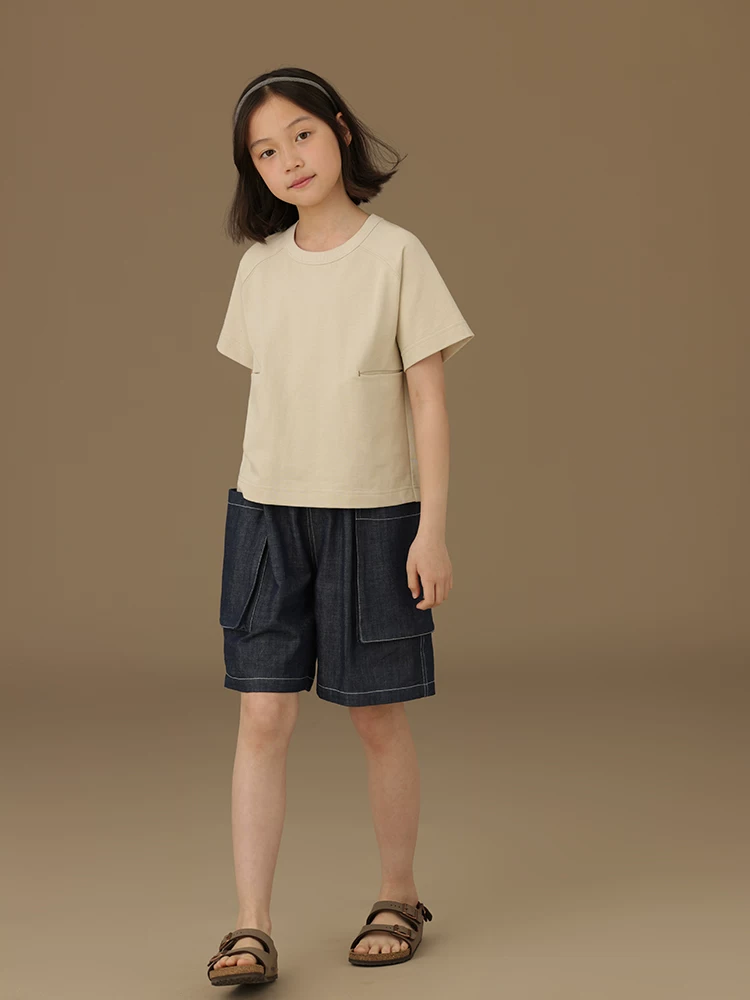 Quần short denim trẻ em mùa hè mỏng năm phần có túi lớn quần cotton ống rộng thông thường cho bé trai và bé gái