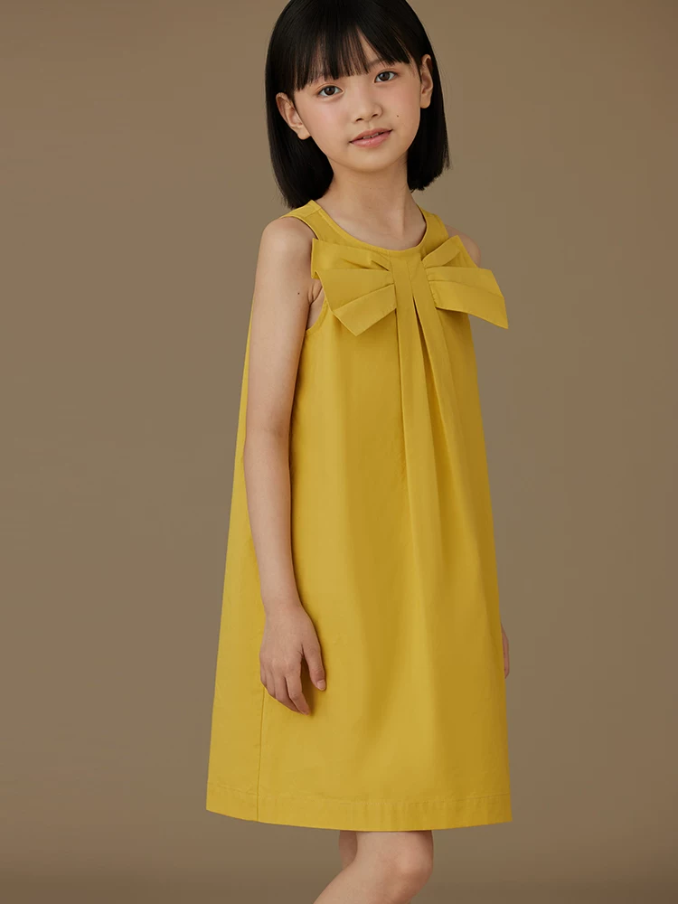 Quần áo trẻ em Hazi Váy trẻ em bằng cotton thân thiện với da Váy mỏng mùa hè Váy ba lỗ màu vàng gừng dành cho bé gái có thiết kế hợp thời trang