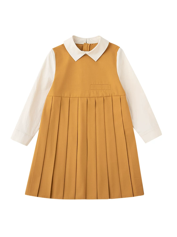 Váy áo thu đông trẻ em, kiểu dáng thanh lịch, chất liệu dày dặn, phong cách preppy, chân váy xếp ly, đầm dài tay mẹ và bé gái