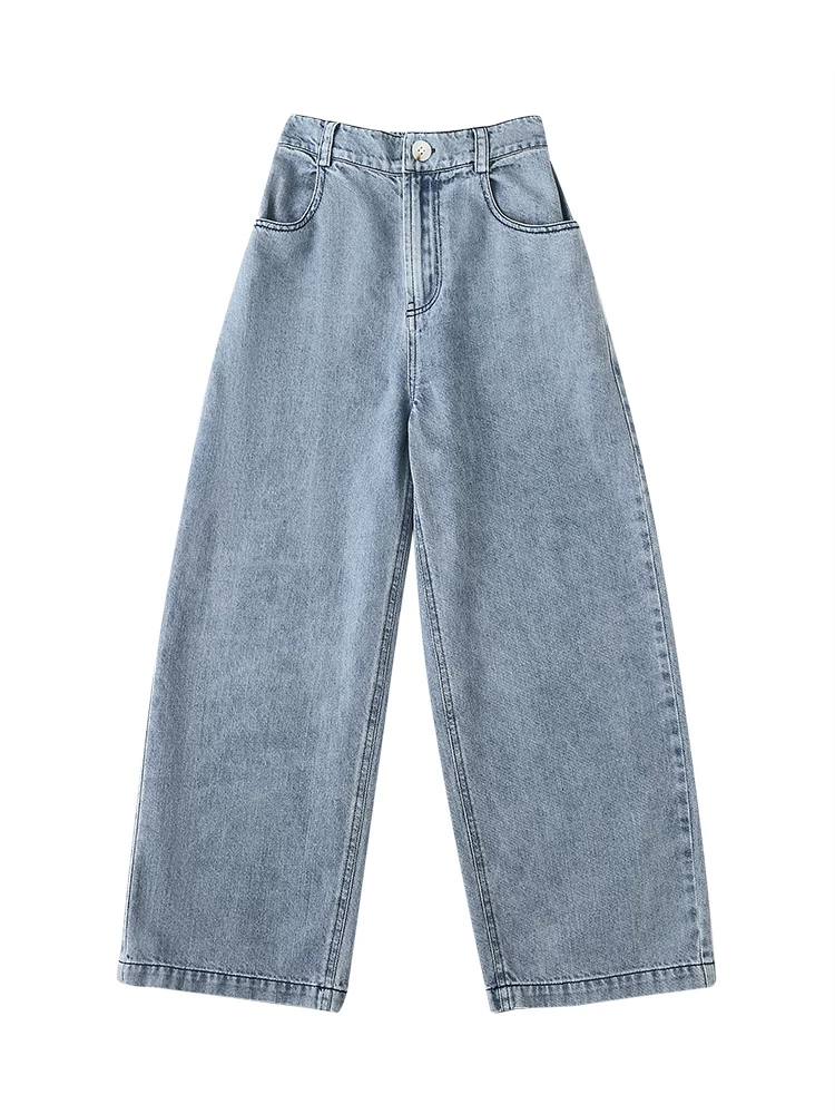 Quần áo trẻ em xuân thu unisex dáng ôm thẳng rộng dài chấm đất chất liệu mềm mại quần jeans ống rộng cho bé trai và bé gái