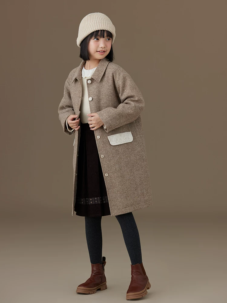 Quần áo trẻ em cho mùa thu đông, áo khoác trench dài trung bình cho bé gái, áo khoác len cho bé gái, trang phục mùa đông mới thời trang cho bé gái.