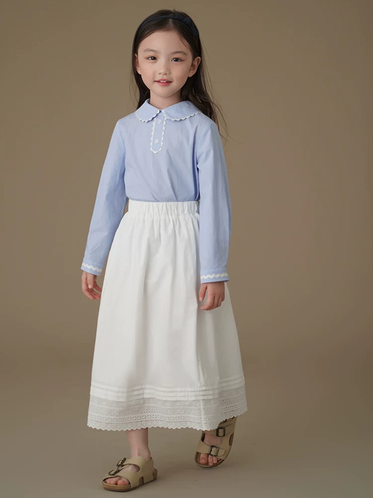 Quần áo trẻ em cho mùa xuân và mùa thu, áo sơ mi dài tay màu xanh cho trẻ em, áo sơ mi sọc cotton thân thiện với làn da cho bé gái, trẻ nhỏ và lớn.
