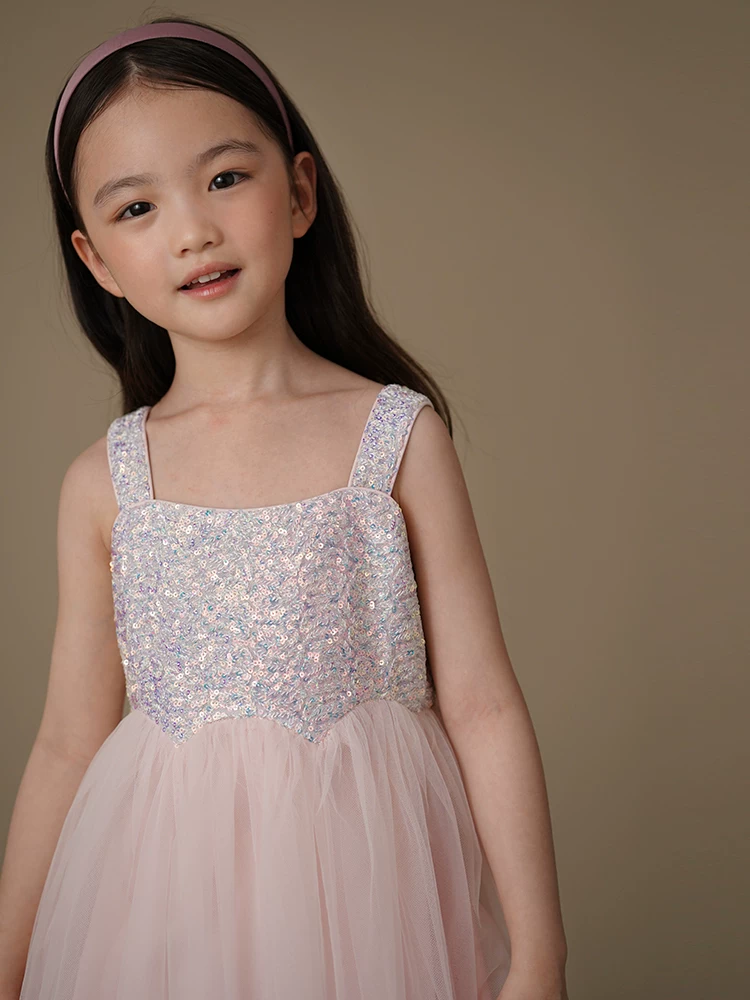 Váy voan trẻ em màu hồng ngọt ngào mùa hè với nhiều sequin, váy công chúa dành cho bé gái, váy dự tiệc sinh nhật