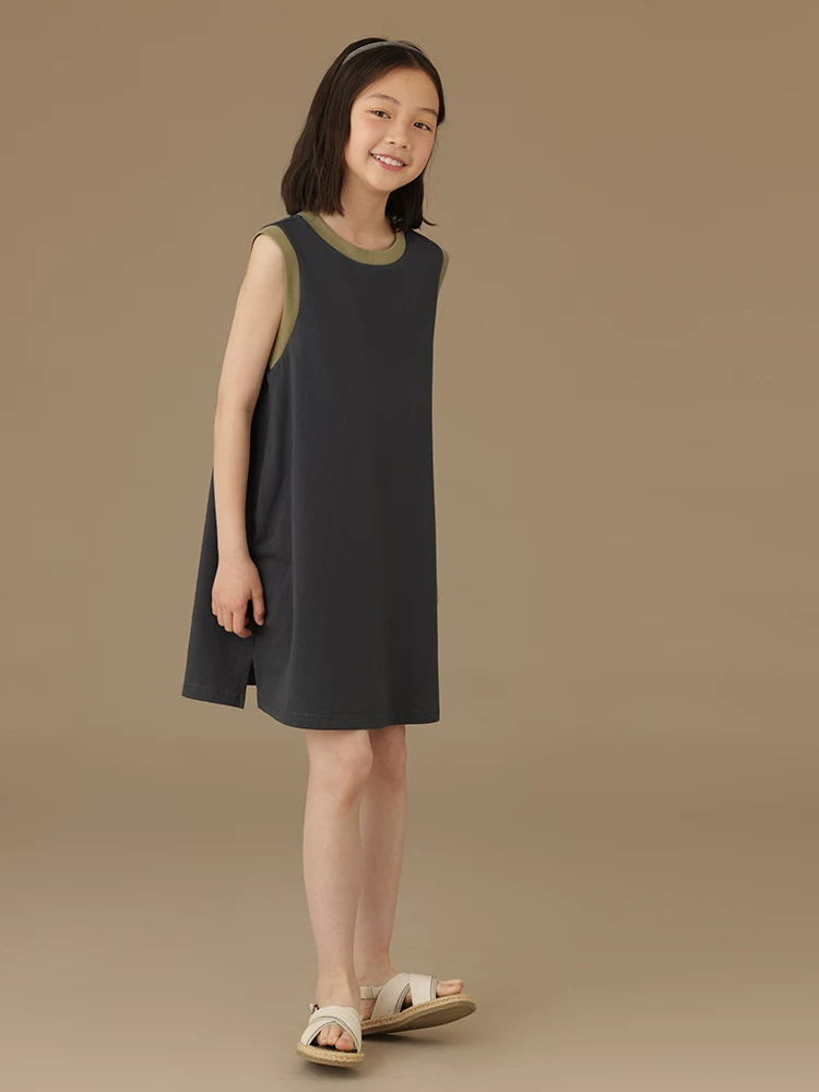 Váy vest màu xanh hải quân cho trẻ em, váy cotton mùa hè mới, đa năng, kiểu dáng cao cấp dành cho bé gái.