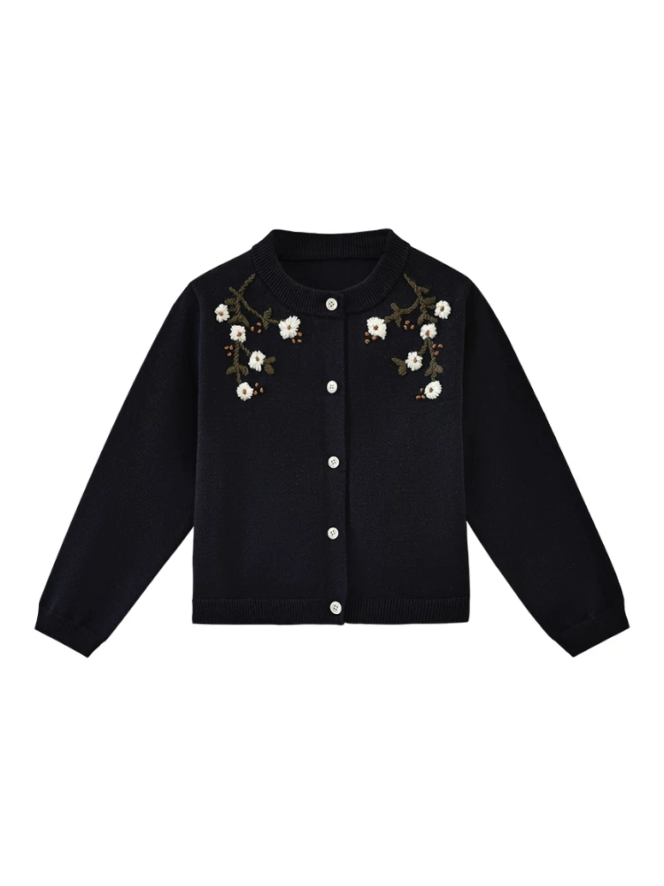 Quần áo trẻ em mùa thu đông áo len màu xanh hải quân bé gái dệt kim cardigan nặng handmade móc mùa thu phong cách mới