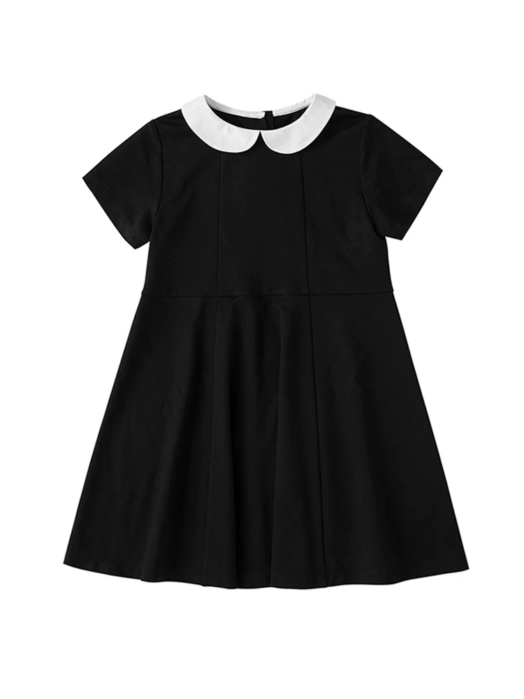 Quần áo trẻ em mới của Hartz: Váy ngắn tay màu đen cổ búp bê phối màu theo phong cách gia đình Nhật Bản dành cho bé gái, sành điệu cho mùa hè.