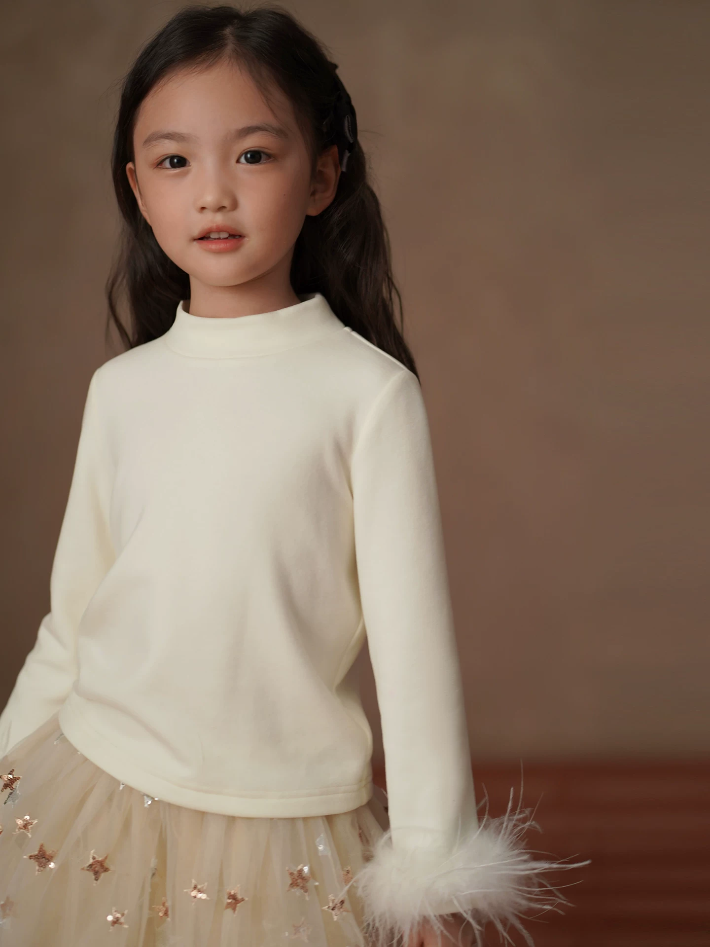 Áo thun giữ ấm lót lông cừu, viền lông thật, cổ nửa cao dành cho bé gái, áo lót giữ nhiệt mùa đông