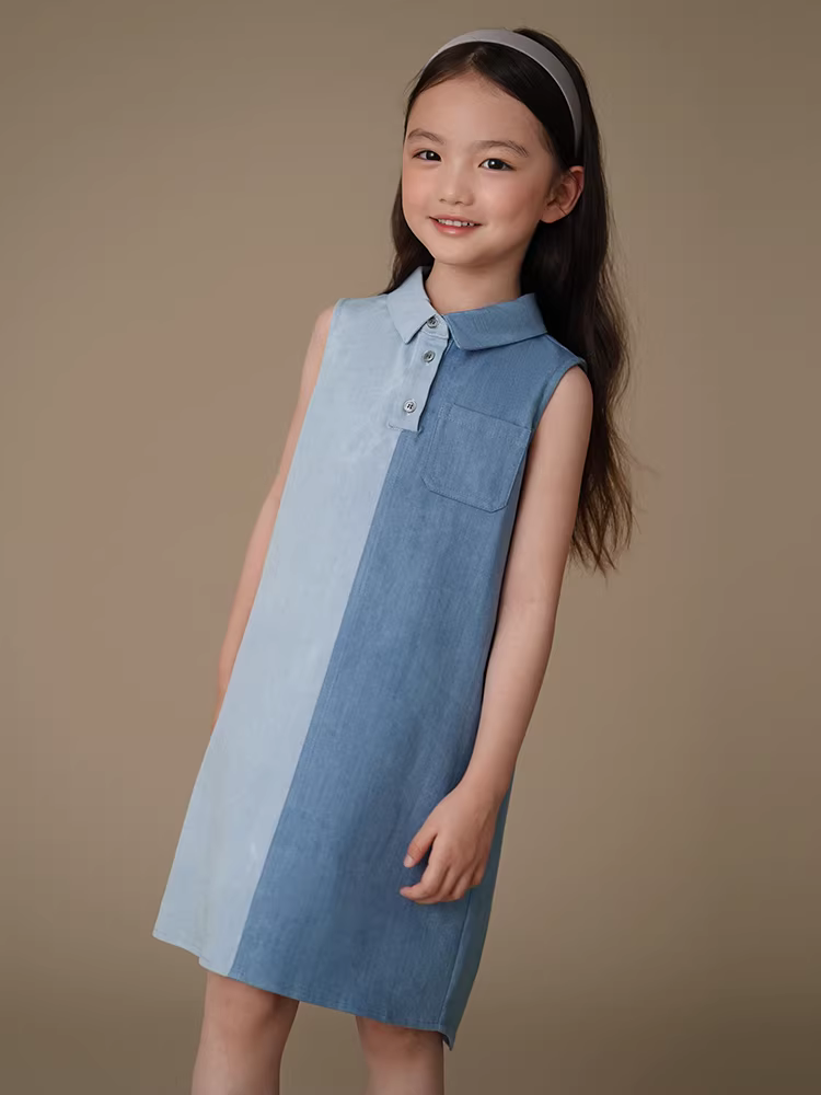 Váy liền thân mùa hè kiểu Hàn Quốc cho bé gái, thiết kế thời trang, chất liệu denim phối màu.