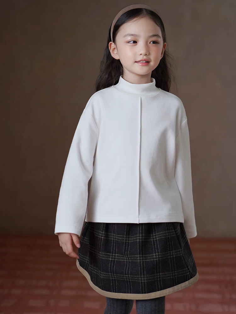 Quần áo trẻ em Áo thun dài tay thu đông có lót lông cừu, áo cổ cao nửa cổ màu trắng ấm áp cho bé trai và bé gái, áo lót.