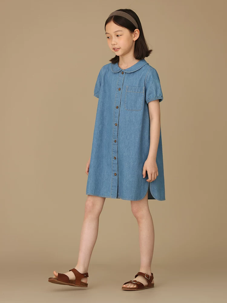 Quần áo trẻ em cho trẻ lớn, váy mùa hè cổ búp bê, váy denim ngắn tay thường ngày cho bé gái, chất liệu cao cấp.