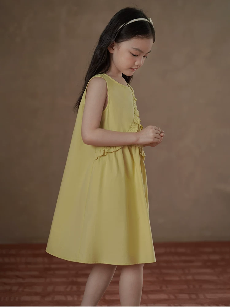 Quần áo trẻ em váy mùa hè màu vàng phong cách Hàn Quốc váy hai dây xếp nếp váy dài thường ngày cho trẻ lớn mặc mùa hè