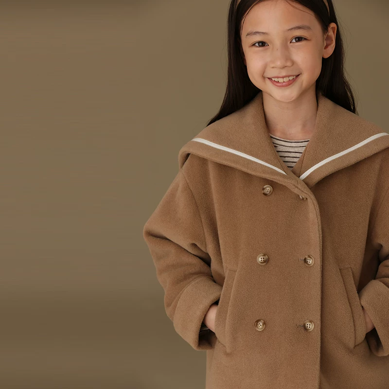 Áo khoác len mùa đông cho trẻ em, dày dặn và ấm áp, áo khoác len cho bé gái, áo khoác ngắn phong cách preppy cho trẻ lớn.