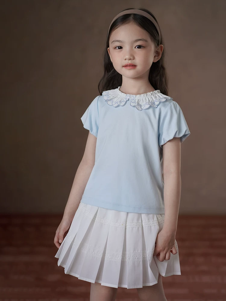 Quần áo trẻ em mùa hè ngọt ngào ren áo thun ngắn tay bé gái áo dệt kim áo sơ mi cho bé 25 mùa hè phong cách mới