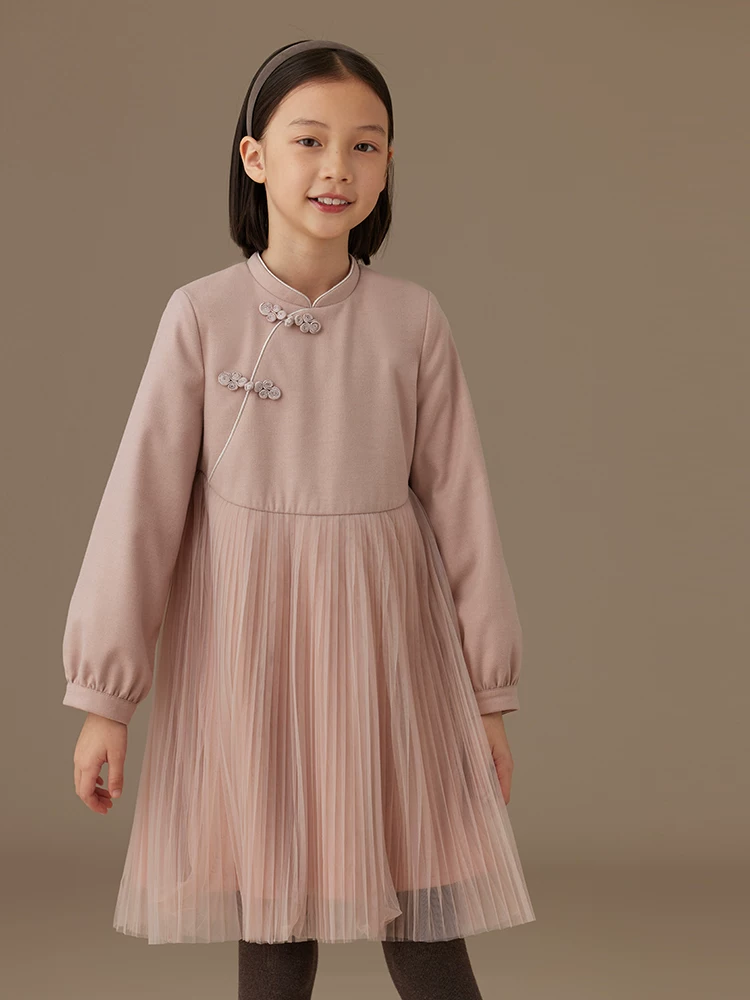 Quần áo trẻ em mùa thu đông váy dài tay cho bé gái Bộ đồ Tang phong cách Trung Hoa mới váy công chúa lưới màu hồng dành cho trẻ lớn hơn