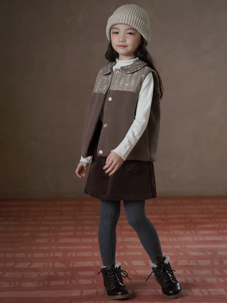 Quần áo trẻ em mùa thu đông áo bé gái phối chất liệu giả lông cừu cotton áo khoác bé gái áo ghi lê nhung tăm 25 mùa đông giữ ấm