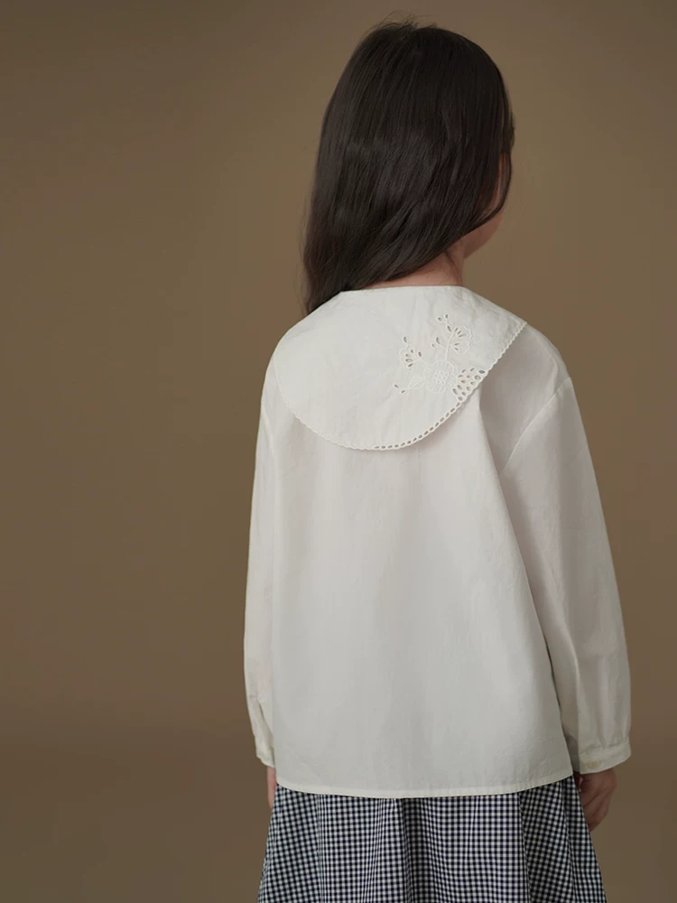 Áo sơ mi trắng trẻ em, xuân thu, phong cách preppy, áo dài tay cao cấp, quần áo thu đông bé gái, mẫu mới 2025