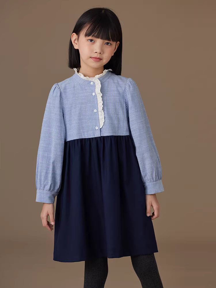 Váy dài tay có sọc và viền ren cho bé gái, bộ sưu tập mùa thu mới.