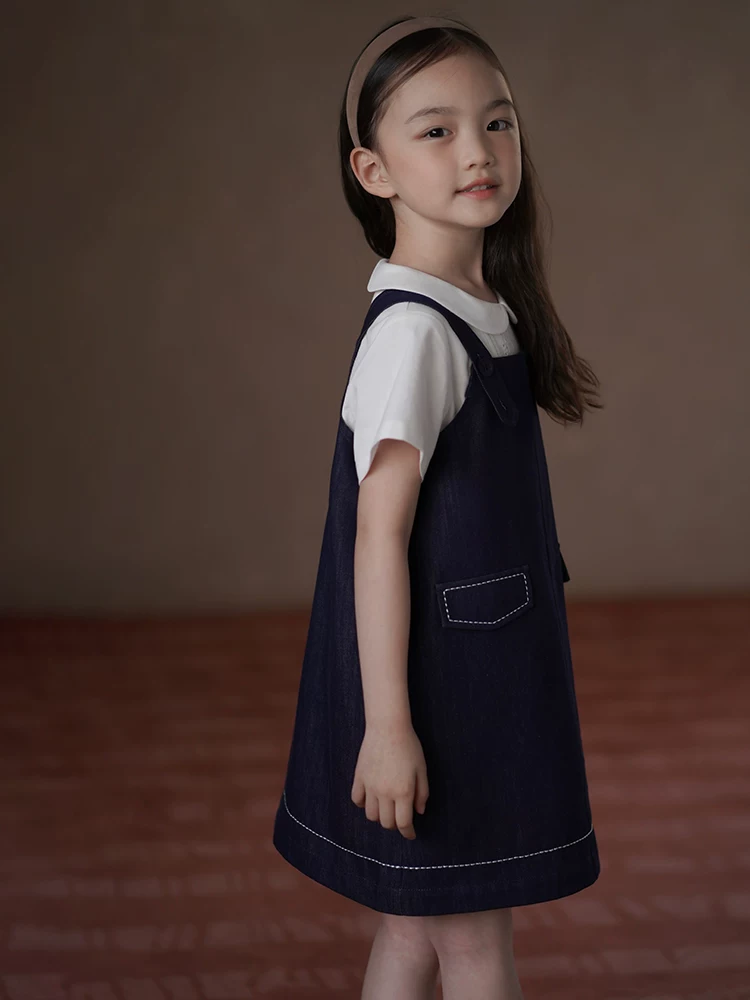 Quần áo trẻ em Hazi Váy trẻ em mùa hè Váy denim đơn giản phong cách Nhật Bản dành cho bé gái Váy denim cổ điển giản dị dành cho trẻ lớn hơn