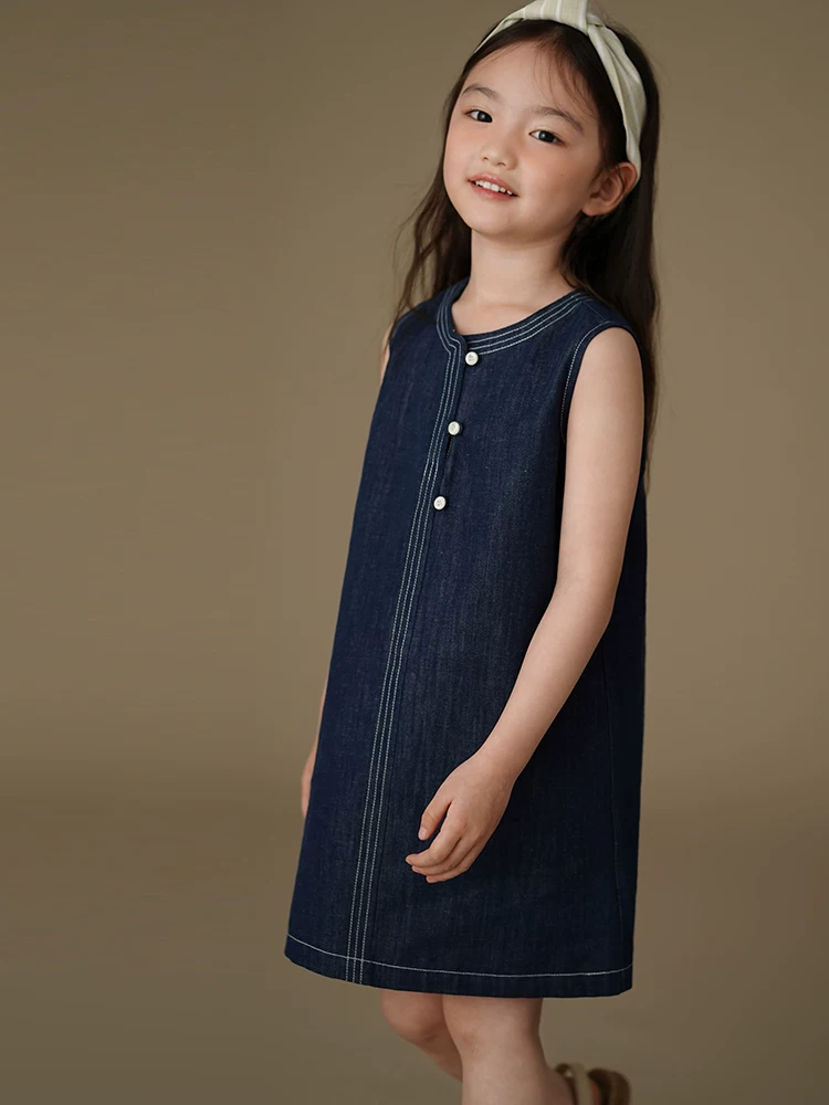 Quần áo trẻ em mùa hè: váy denim cổ điển đơn giản, thoáng mát và thoáng khí cho bé gái, váy ba lỗ, mẫu mới 25.