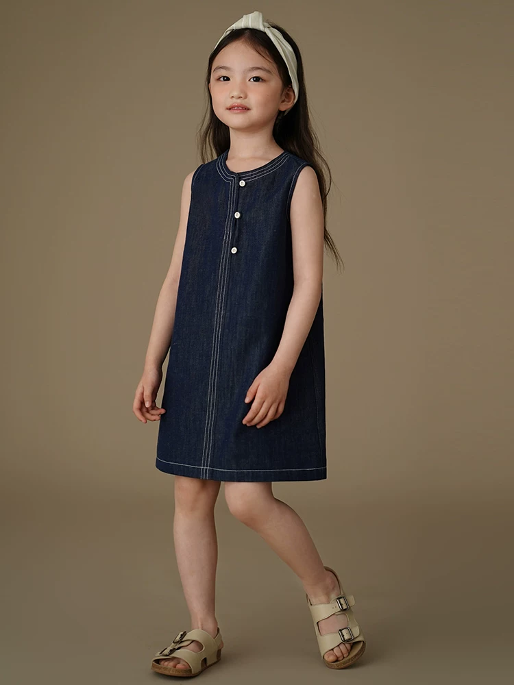 Quần áo trẻ em mùa hè: váy denim cổ điển đơn giản, thoáng mát và thoáng khí cho bé gái, váy ba lỗ, mẫu mới 25.