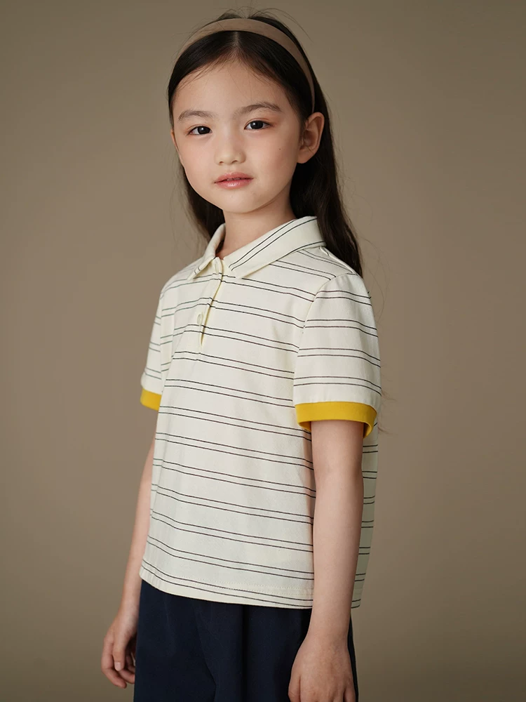 Áo dệt kim trẻ em mùa hè áo sơ mi polo sọc mỏng bé trai bé gái áo thun ngắn tay phong cách Hàn Quốc dáng rộng vừa vặn