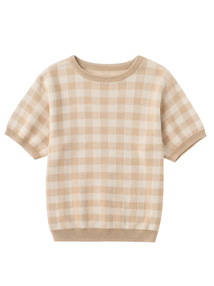 Áo dệt kim mùa hè ngắn tay kẻ sọc dành cho trẻ em, áo thun cổ tròn bằng cotton thân thiện với da dành cho bé trai và bé gái.