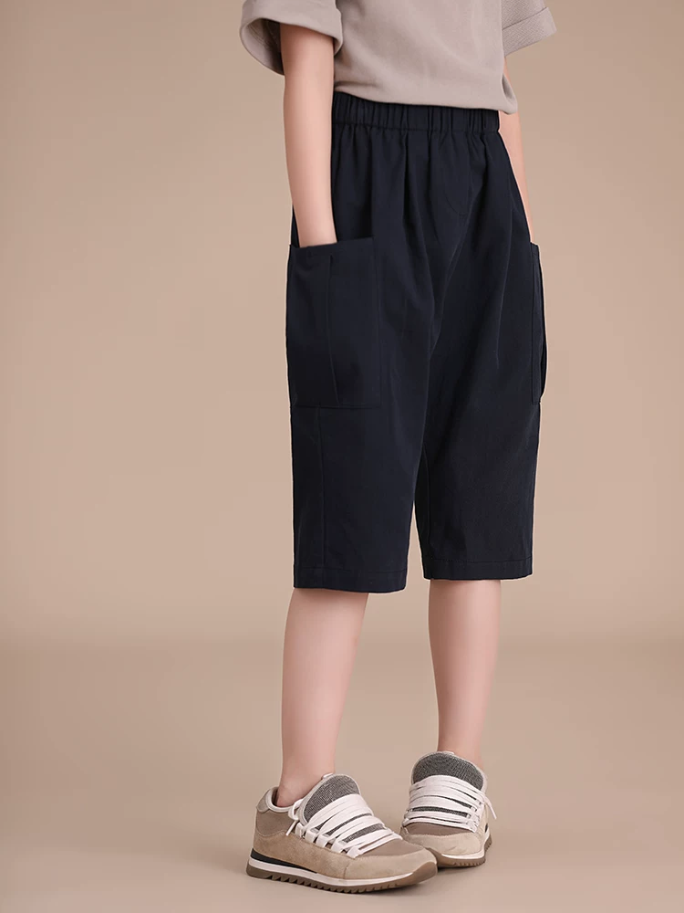 Quần áo trẻ em Hazi Bộ sưu tập mới mùa thu Phong cách cha mẹ và con cái Cotton nguyên chất thường ngày Đa năng lưng thun có túi lớn Quần short dài vừa phải