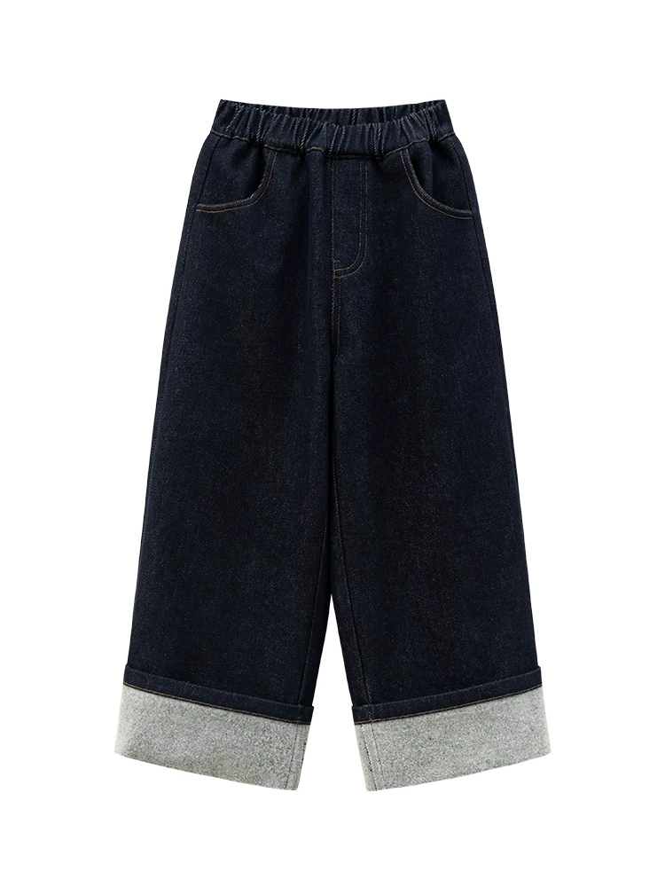 Quần dài thường ngày cho trẻ em mùa thu đông, thiết kế rộng rãi đa năng với quần jean denim bo gấu cho bé trai và bé gái, kiểu dáng thời trang.