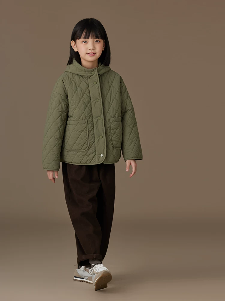 Áo khoác cotton màu xanh quân đội dành cho trẻ em mùa thu đông, dày dặn và ấm áp, áo khoác ba lớp chống thấm ngoài trời cho bé trai và bé gái