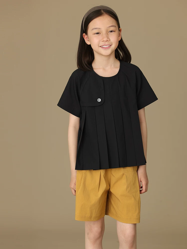 Quần áo trẻ em áo sơ mi ngắn tay màu đen đơn giản cao cấp dành cho trẻ lớn hơn bé gái mùa hè kiểu dáng mỏng