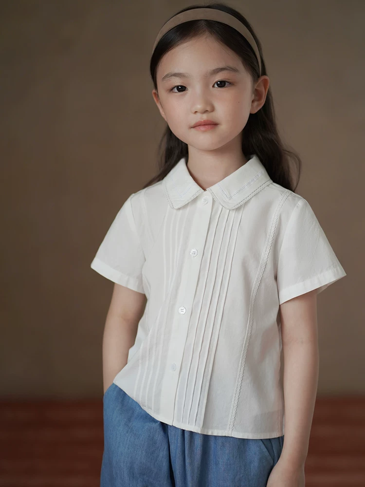 Quần áo trẻ em mùa hè phong cách nghệ thuật áo sơ mi trắng trẻ em áo ngắn tay bé gái mùa hè mới áo ren bé gái