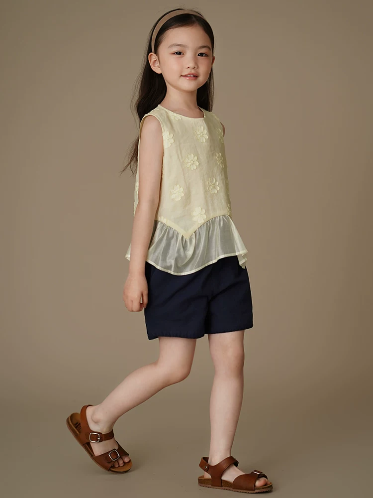 Quần áo trẻ em mùa hè: áo ba lỗ hoa màu vàng cho bé gái, áo không tay, trang phục mùa hè mát mẻ và sành điệu cho bé gái.
