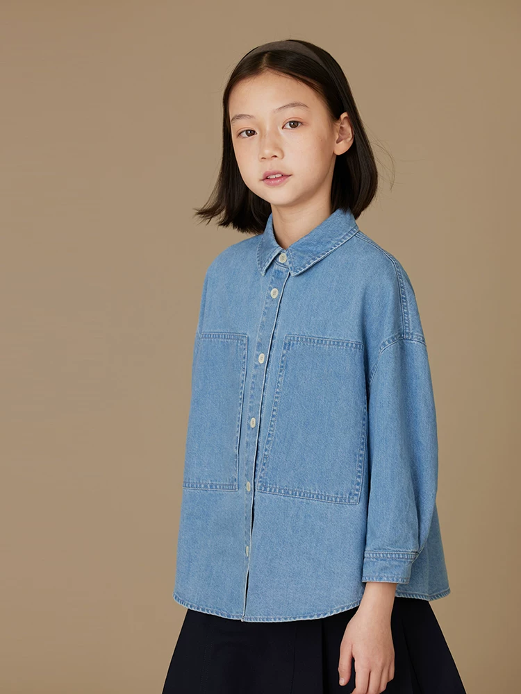 Áo denim trẻ em có túi lớn, áo sơ mi dài tay đa năng bằng vải cotton dành cho bé trai và bé gái, kiểu dáng xuân thu.