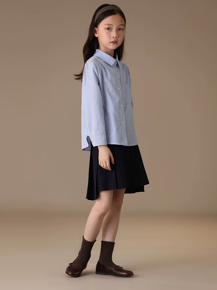 Quần áo trẻ em mùa xuân thu áo sơ mi xanh cho bé trai và bé gái áo sọc dài tay phong cách học sinh cho trẻ lớn