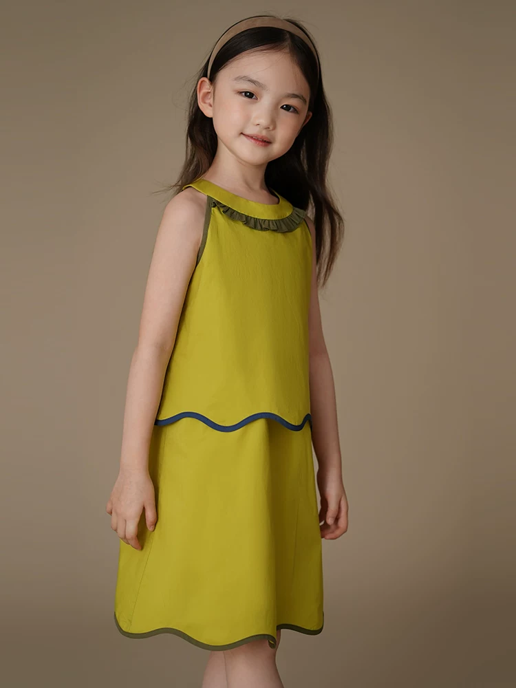 Váy vest trẻ em mùa hè, váy thường ngày màu vàng xanh tươi, váy dài vừa phải cho bé gái, váy giả hai mảnh sành điệu.