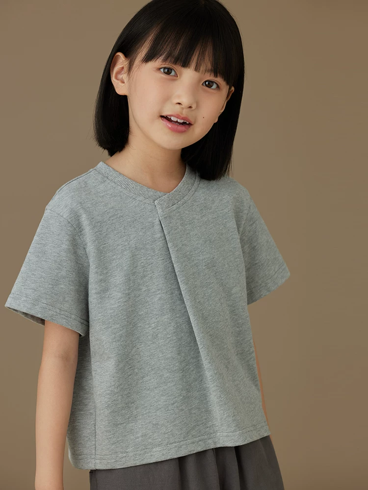 Áo thun ngắn tay mùa hè cho trẻ em, áo thun cotton mỏng cổ tròn màu xám thông thường đa năng dành cho bé trai và bé gái