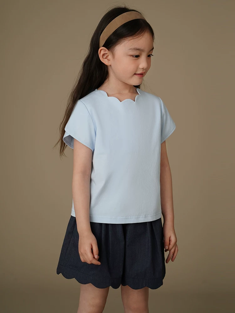 Quần áo trẻ em mùa hè kiểu dáng mới thiết kế đơn giản Áo thun ngắn tay thân thiện với da cho bé gái áo màu xanh cho trẻ lớn hơn