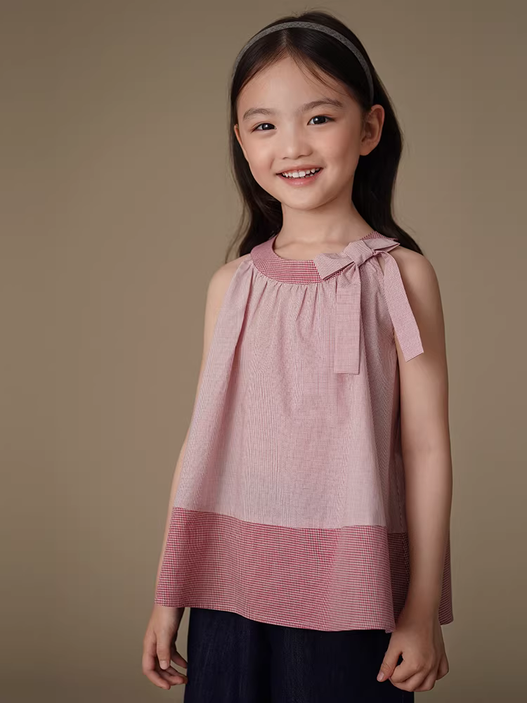 Áo sơ mi mỏng mùa hè cho trẻ em, áo không tay kẻ sọc đỏ kiểu Nhật, áo vest bé gái với thiết kế đơn giản.