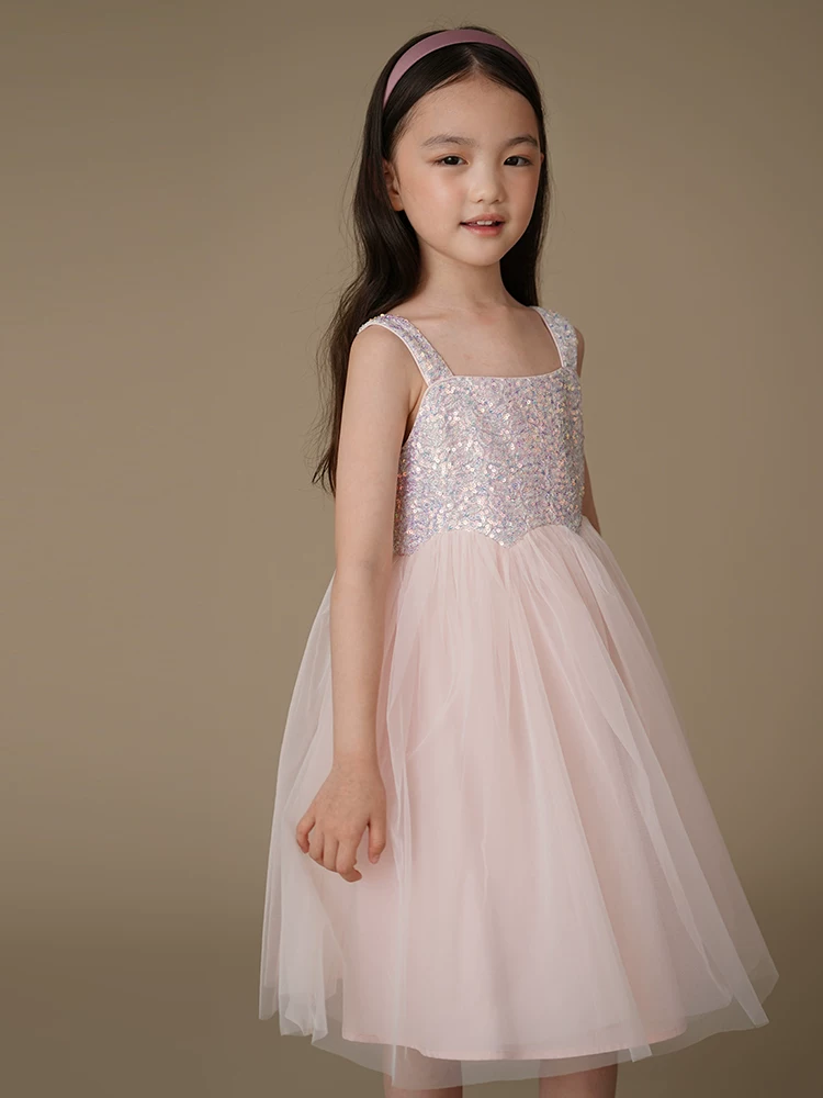 Váy voan trẻ em màu hồng ngọt ngào mùa hè với nhiều sequin, váy công chúa dành cho bé gái, váy dự tiệc sinh nhật