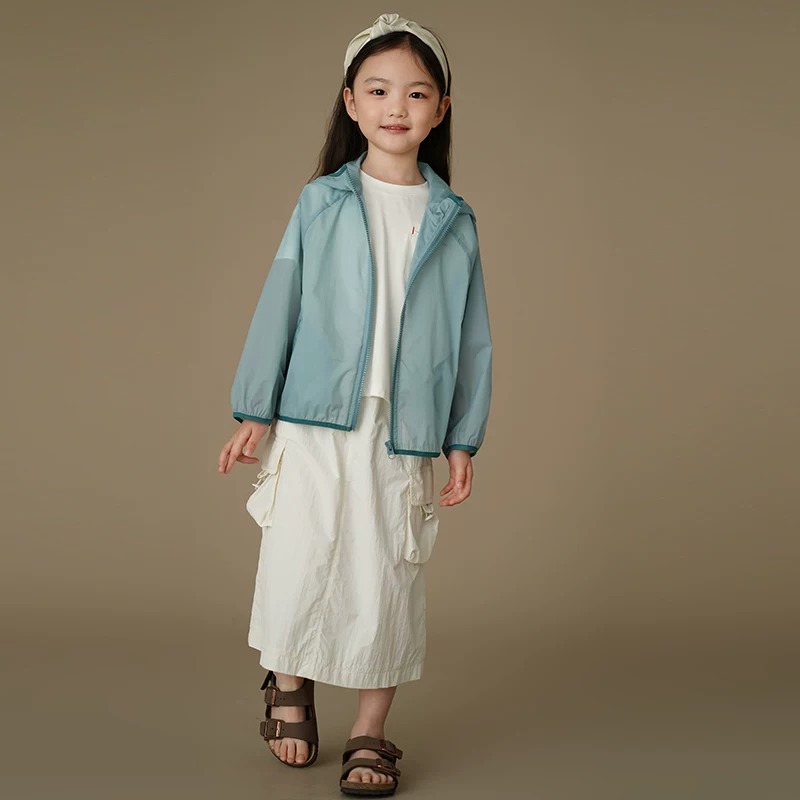Quần áo chống nắng màu xanh cho trẻ em mùa hè, áo khoác chống nắng có mũ trùm đầu chống tia cực tím cho bé trai và bé gái, quần áo da mỏng.